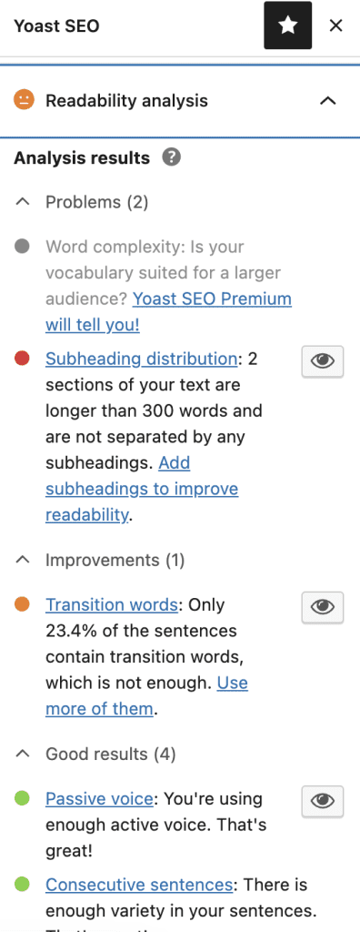 Snippet of Yoast's Readability Score