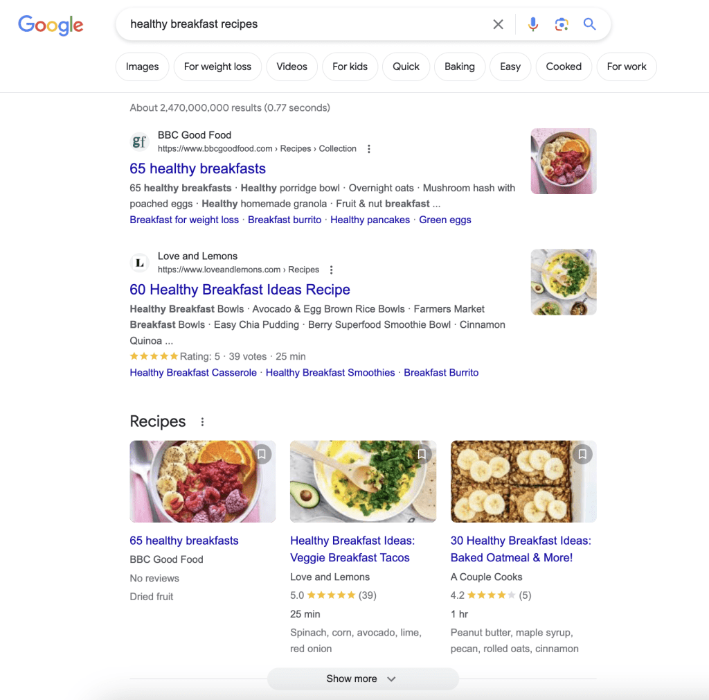 "Healthy breakfast recipes" SERP
