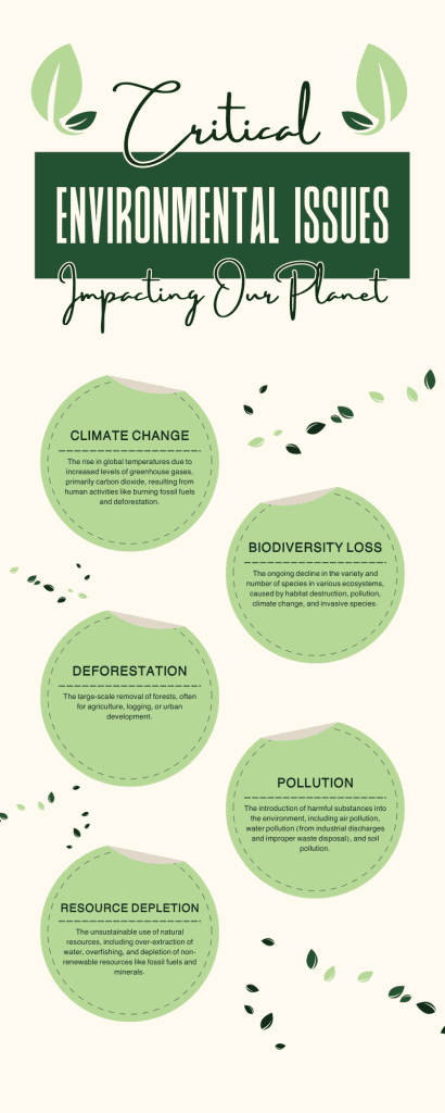 An environmental infographic may narrate the critical environmental issues, emphasizing the impact on the ecosystem