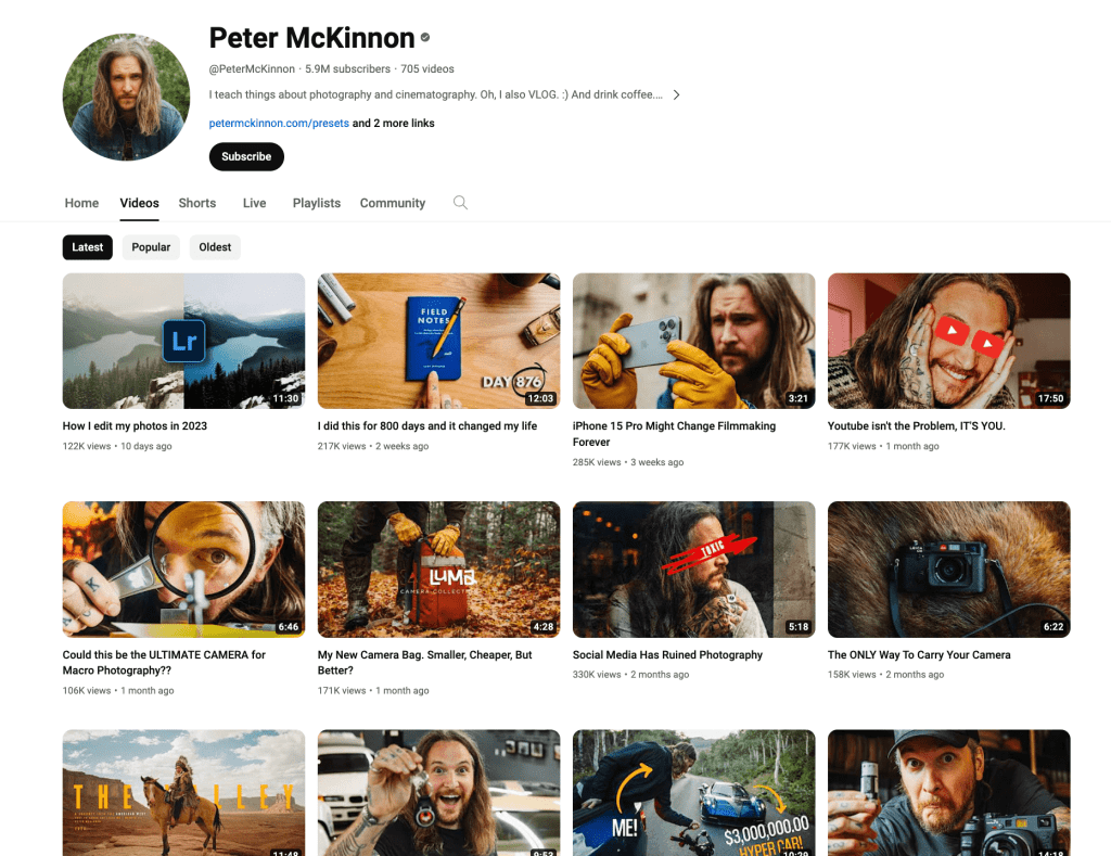 The photography channel "Peter McKinnon" consistently employs high-quality visuals in thumbnails