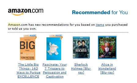 Amazon's recommendation emails showcase products based on individual browsing and purchase history. Image Source: Vero