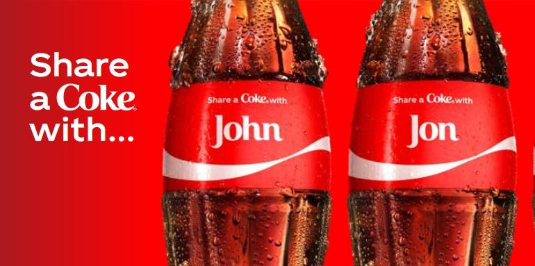 Coca-Cola's "Share a Coke" campaign personalized its products by including individual names on the labels. Image Source: Marketing Mag