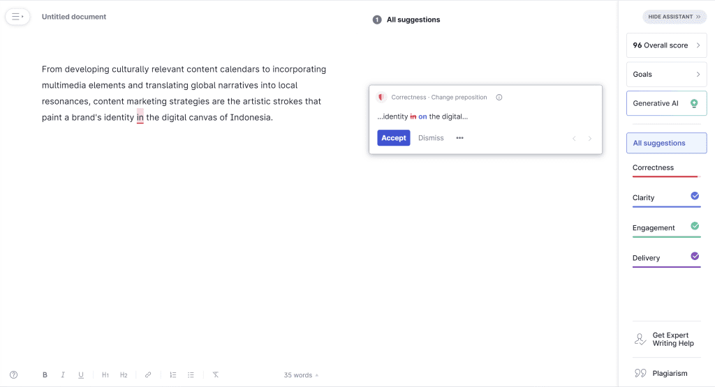Grammarly, a writing assistance tool, utilizes AI to analyze and enhance written content