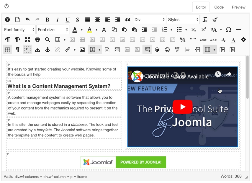 Joomla's editor provides a user-friendly WYSIWYG interface. Image Source: Joomla Content Editor