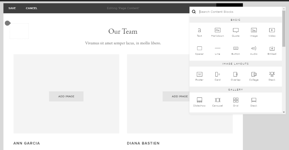 Squarespace's drag-and-drop interface. Image Source: Kinsta