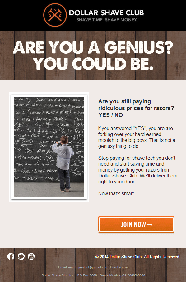 Dollar Shave Club's witty and humorous email content stands out. Image Source: Drip