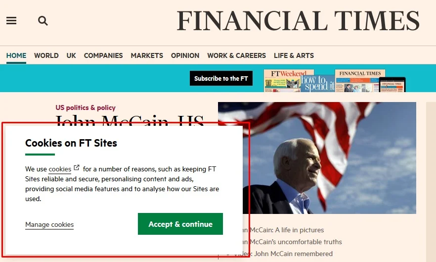The Financial Times' Cookies. Image Source: PrivacyPolicies.com