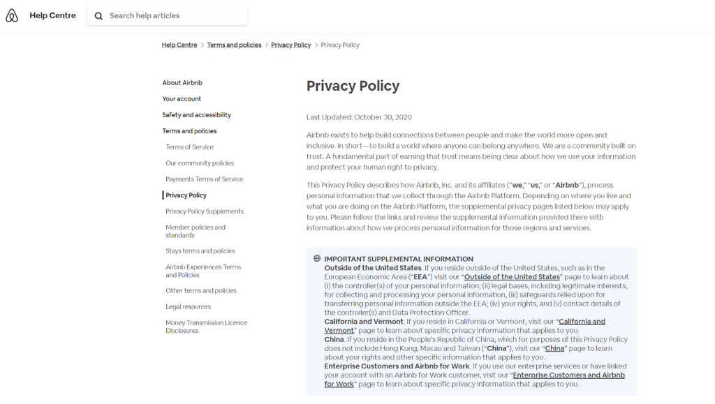 Airbnb's privacy policy. Image Source: Enzuzo