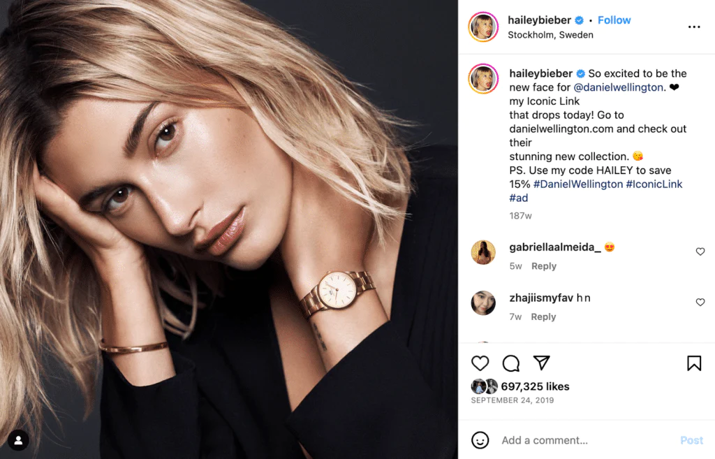 Brands like Daniel Wellington build relationships by consistently engaging with influencers' content. Image Source: SocialStar