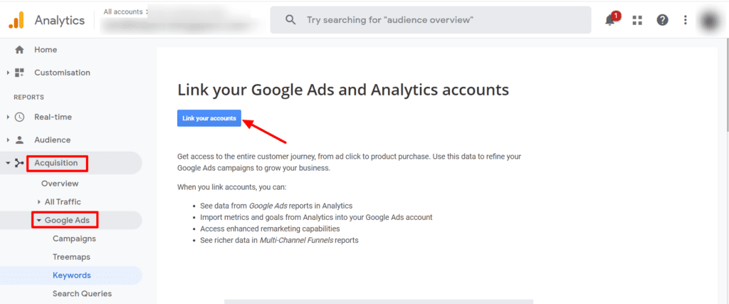 Integrate Google Analytics with your Google Ads. Image Source: Karooya
