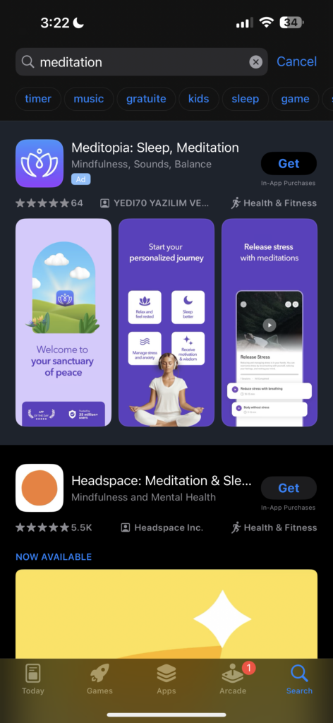 "Meditation" Search Results in Apple App Store